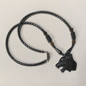 Necklace Hematite Wolf head pendant necklace , vintage